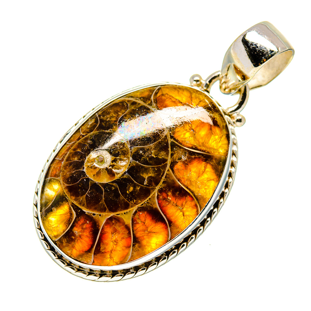 Oval ammolite fossil pendant with amber-orange pattern and polished 925 silver frame