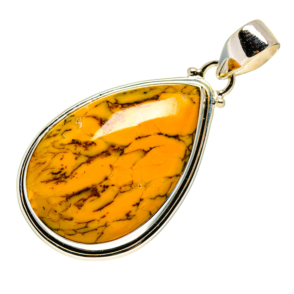 Moss agate pendant teardrop yellow-orange stone in silver-tone bezel, bail loop