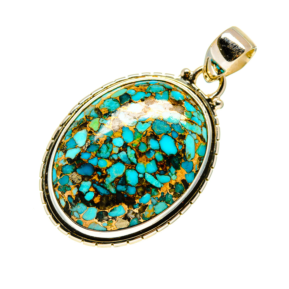 Oval turquoise mosaic pendant with gold-tone bail and silver bezel, 925 sterling silver