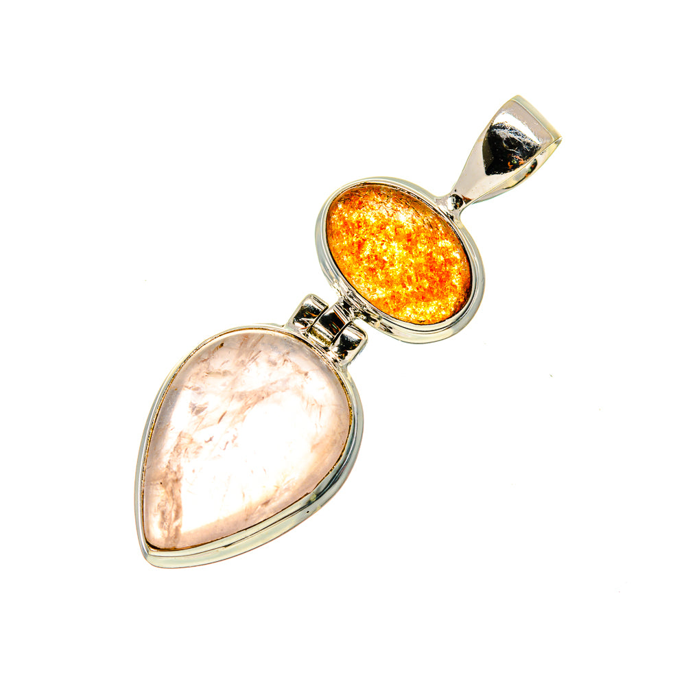 Silver double-stone teardrop pendant: pink rose quartz and orange sunstone