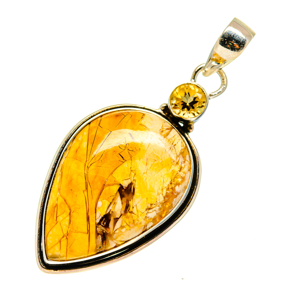 Teardrop citrine pendant with oval golden stone bezel and small round top bail, silver tone