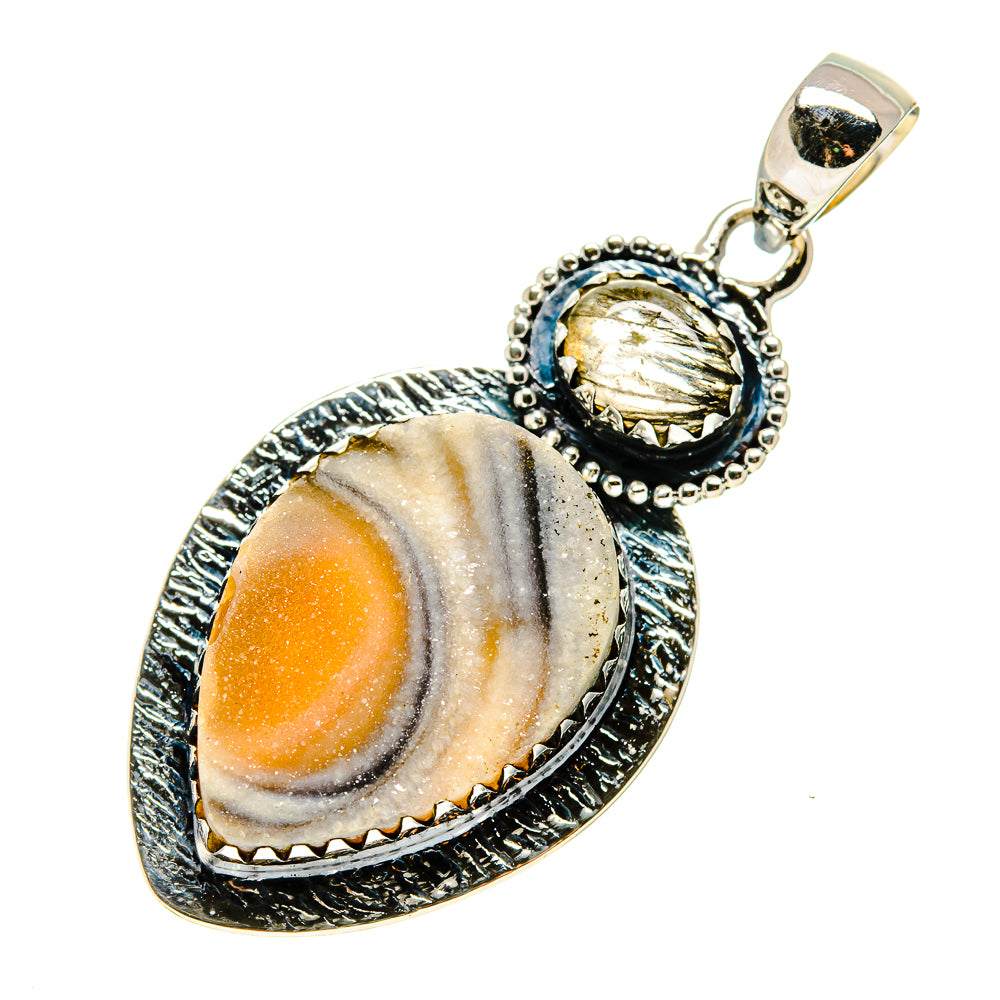 Druzy stone pendant with silver rope bezel, oval cabochon with yellow and gray bands