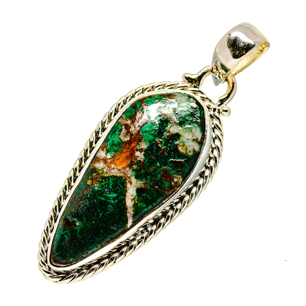 Teardrop chrysocolla pendant with green-blue stone and braided 925 sterling silver bezel