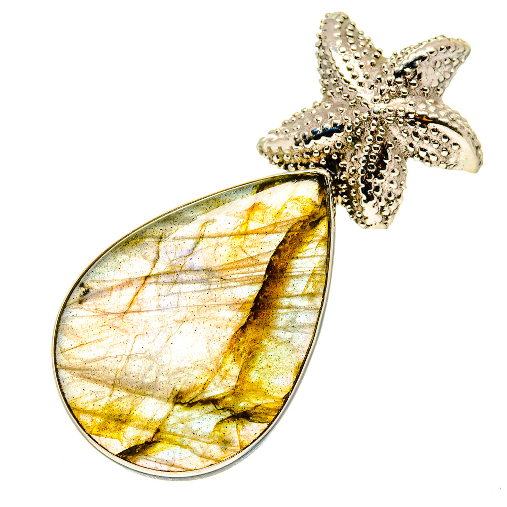 Labradorite teardrop pendant with silver starfish charm, open full view