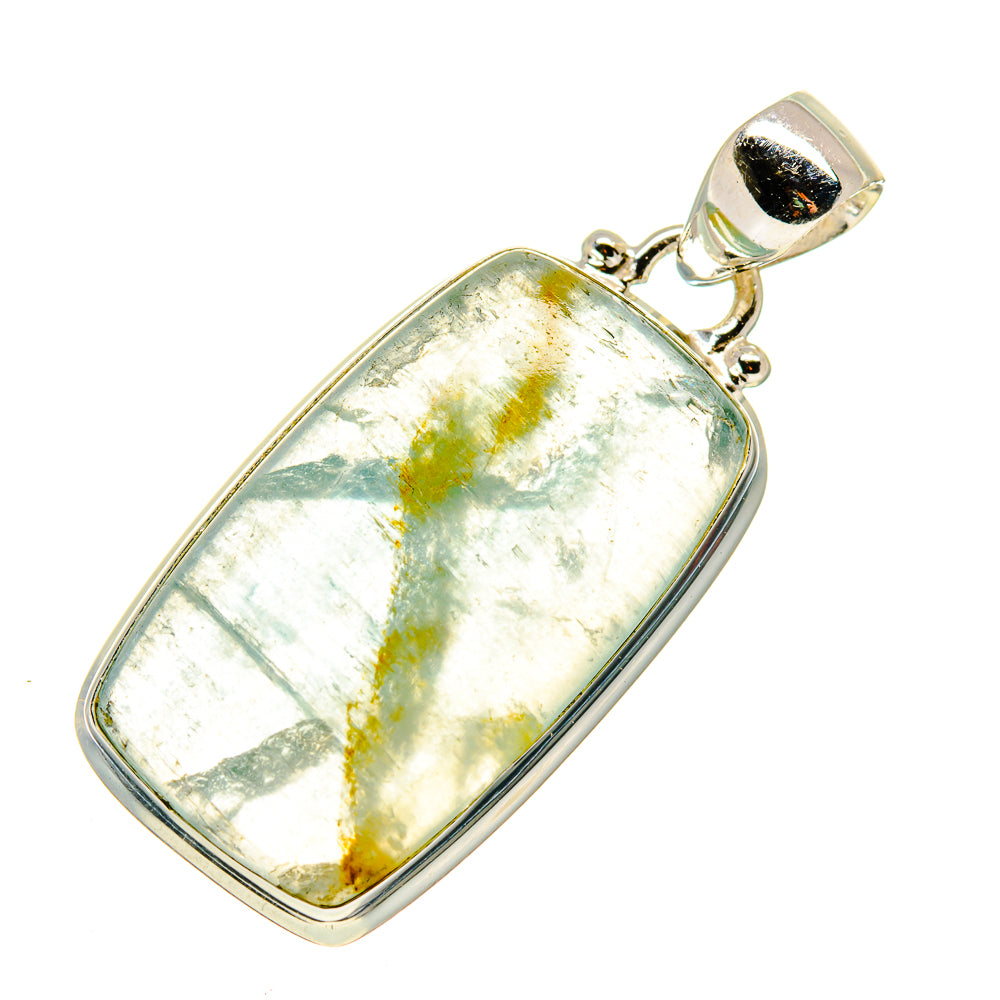 Rectangular fluorite pendant in polished sterling silver frame with side bail loops.