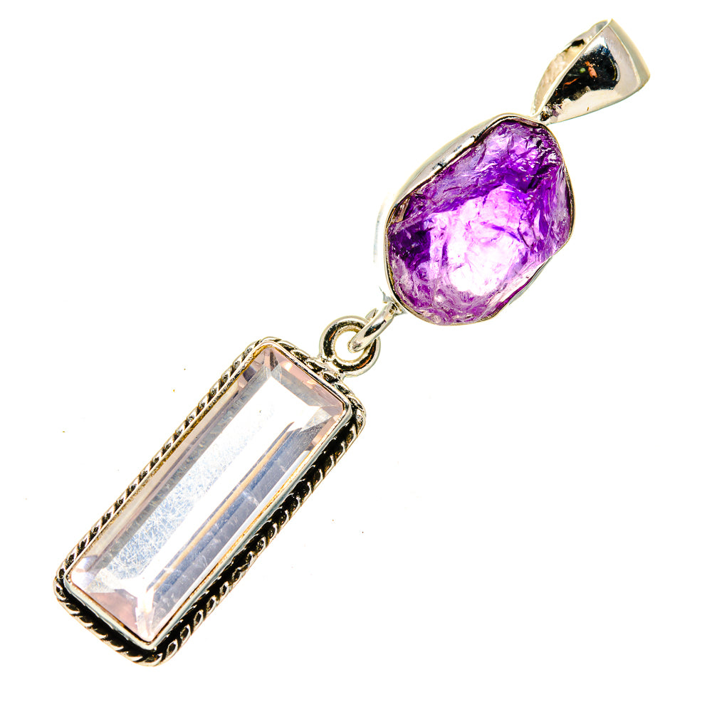 925 sterling silver pendant with oval amethyst and rectangular rose quartz stones, bail and links