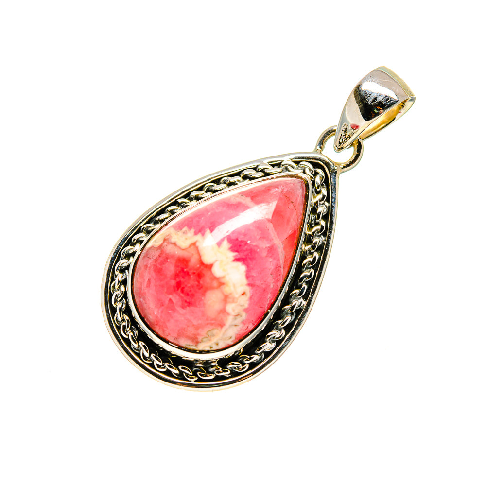 Teardrop rhodochrosite pendant in ornate 925 sterling silver bezel, open bail
