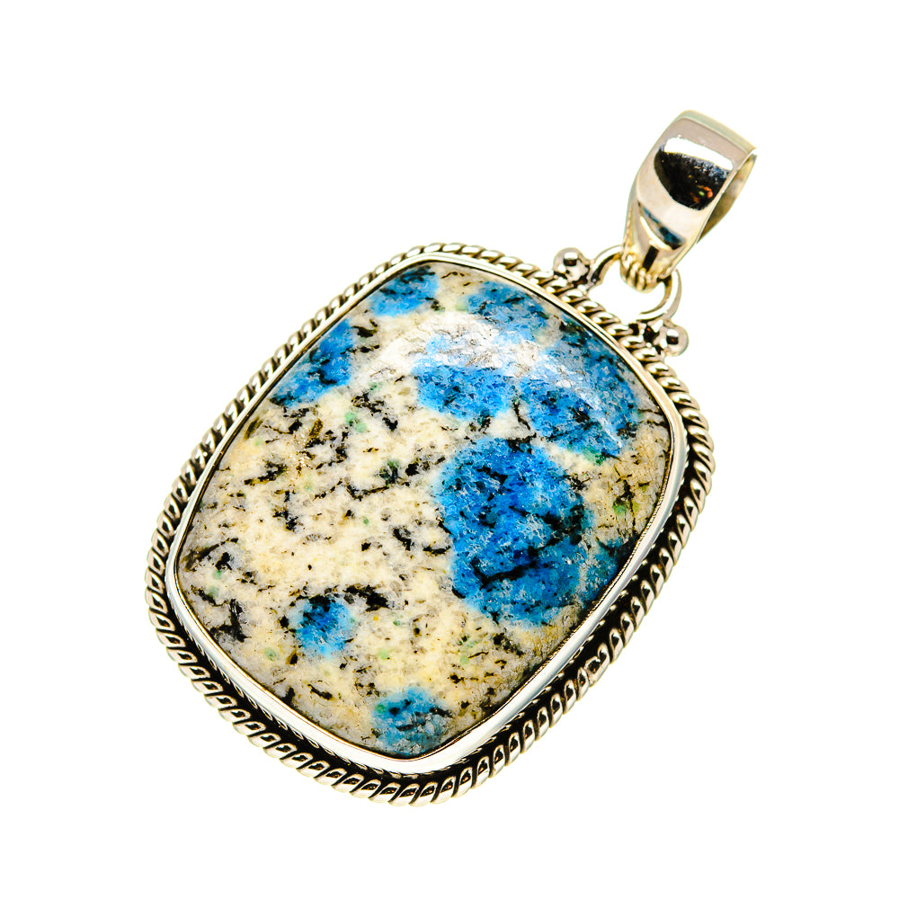 Sterling silver oval pendant with blue azurite stone, loop bail, and rope border