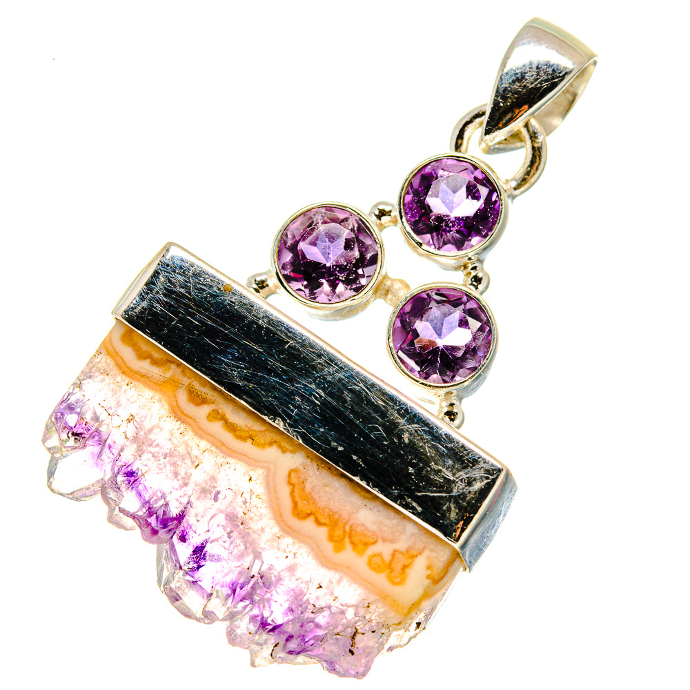 Amethyst stalactite pendant with bar frame, three purple stones, silver bail