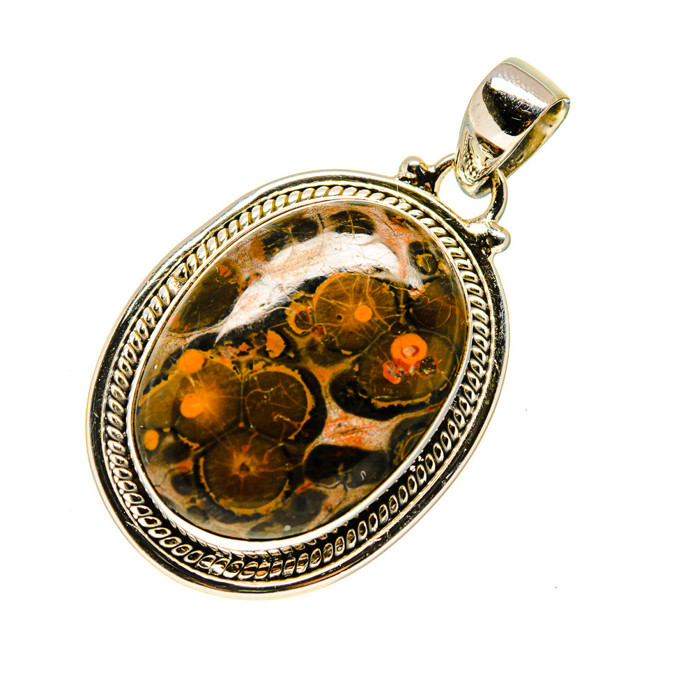 Round jasper pendant with ornate silver-tone bezel and loop bail