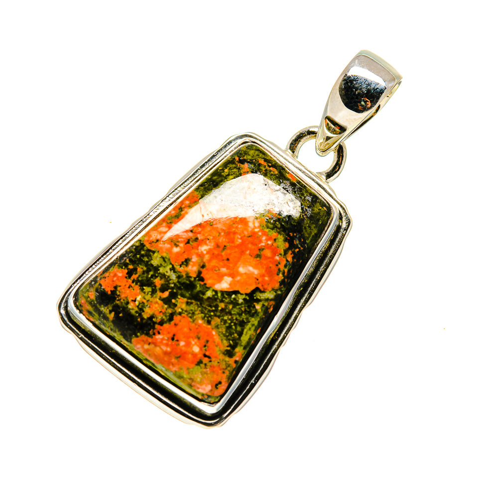 Unakite stone pendant in silver frame with loop bail, rectangular design