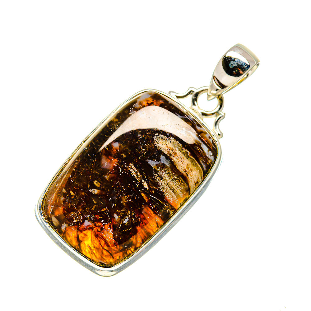 Oval amber-brown agate pendant in 925 sterling silver with textured bail loop