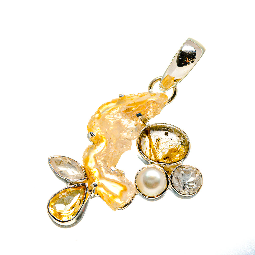 Geode-style pendant in sterling silver with citrine, pearl, and clear quartz drops