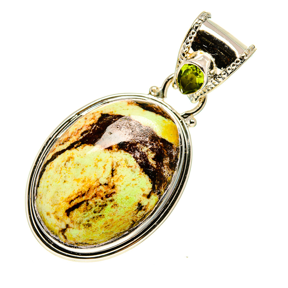 Sterling silver oval pendant with mottled yellow-green gemstone and small green peridot