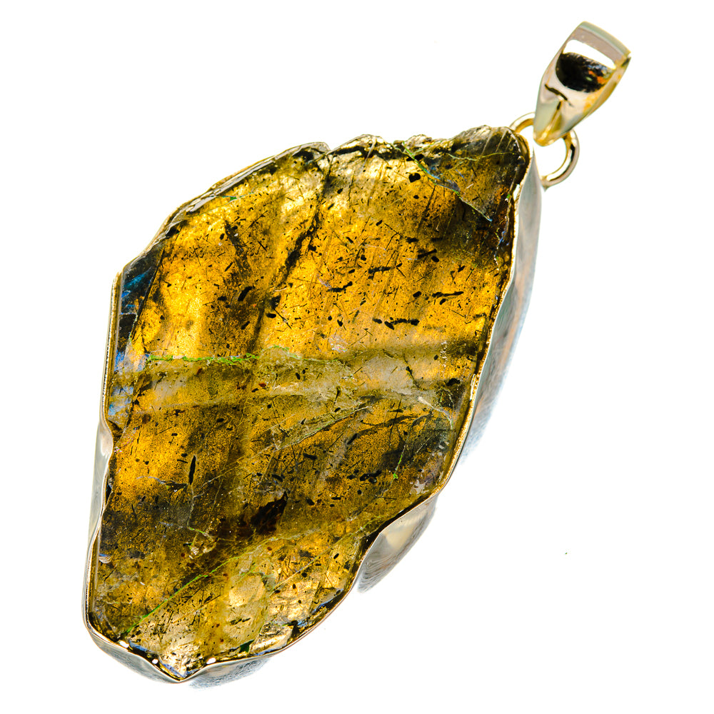 Rough labradorite pendant with yellow-green stone and 925 silver bezel bail