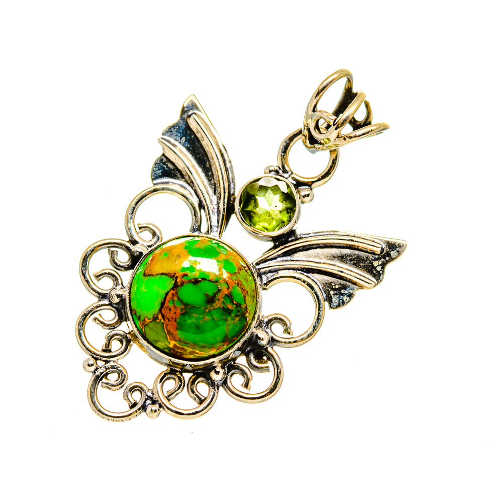 Round gemstone pendant with green stone center, leaf filigree and dangling peridot accents