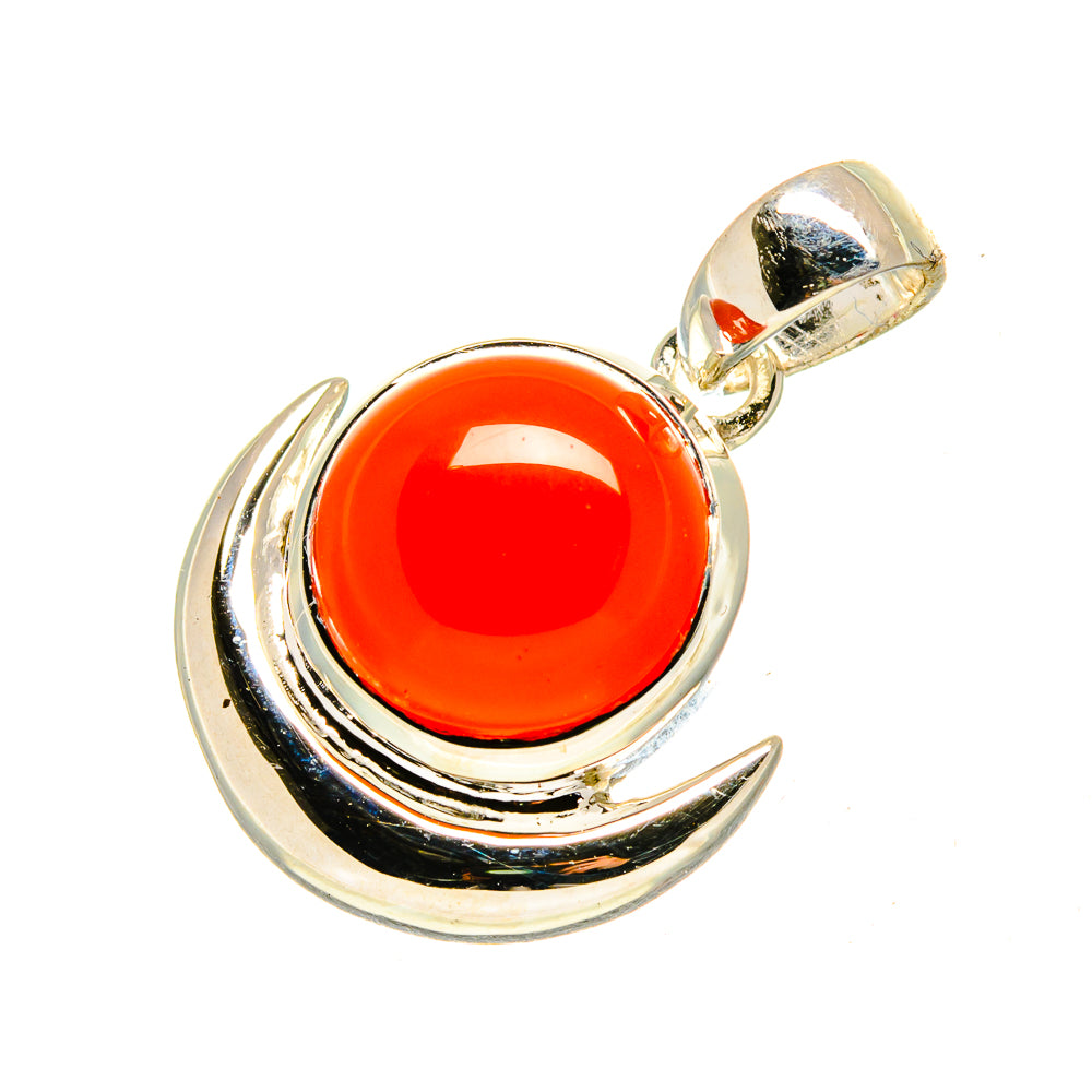 Red onyx pendant, round orange-red cabochon with silver crescent frame and top bail