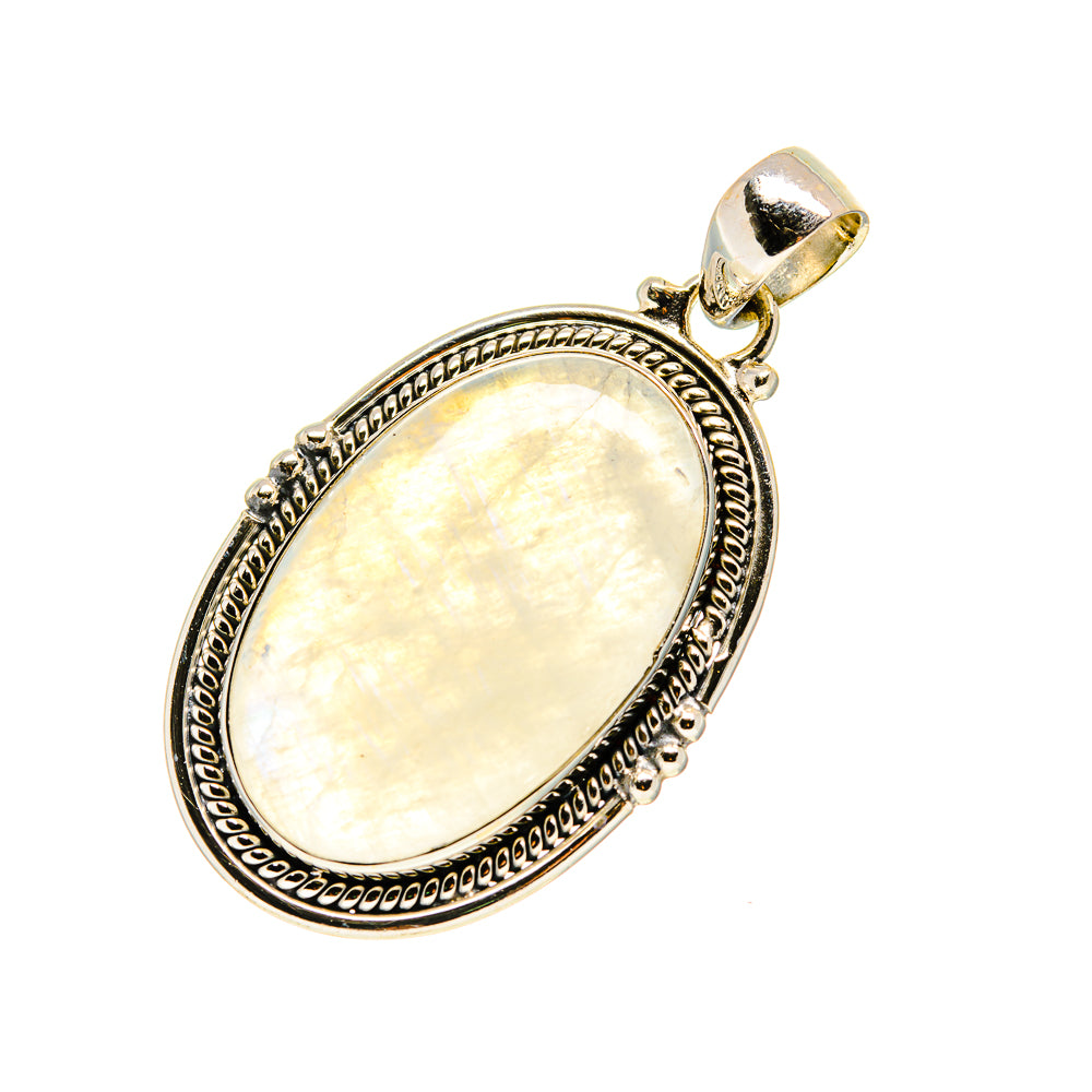 Oval moonstone pendant with textured silver frame and top bail, visible from front.