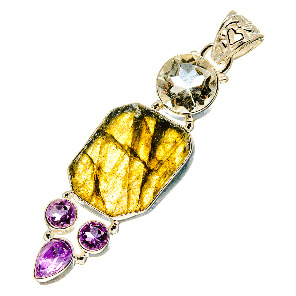 Sterling silver pendant with yellow-gold labradorite, clear quartz, and purple amethyst cabochons
