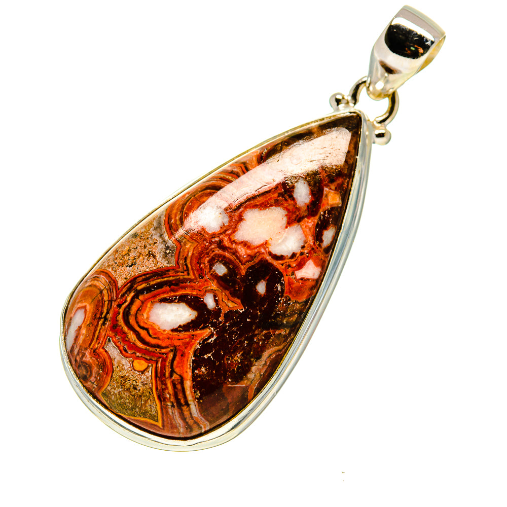 Teardrop crazy lace agate pendant with bail, sterling silver frame, amber and white
