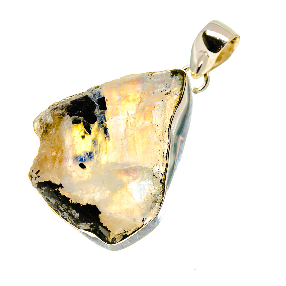 925 sterling silver rough moonstone pendant with gold-tone bail; white, black, iridescent