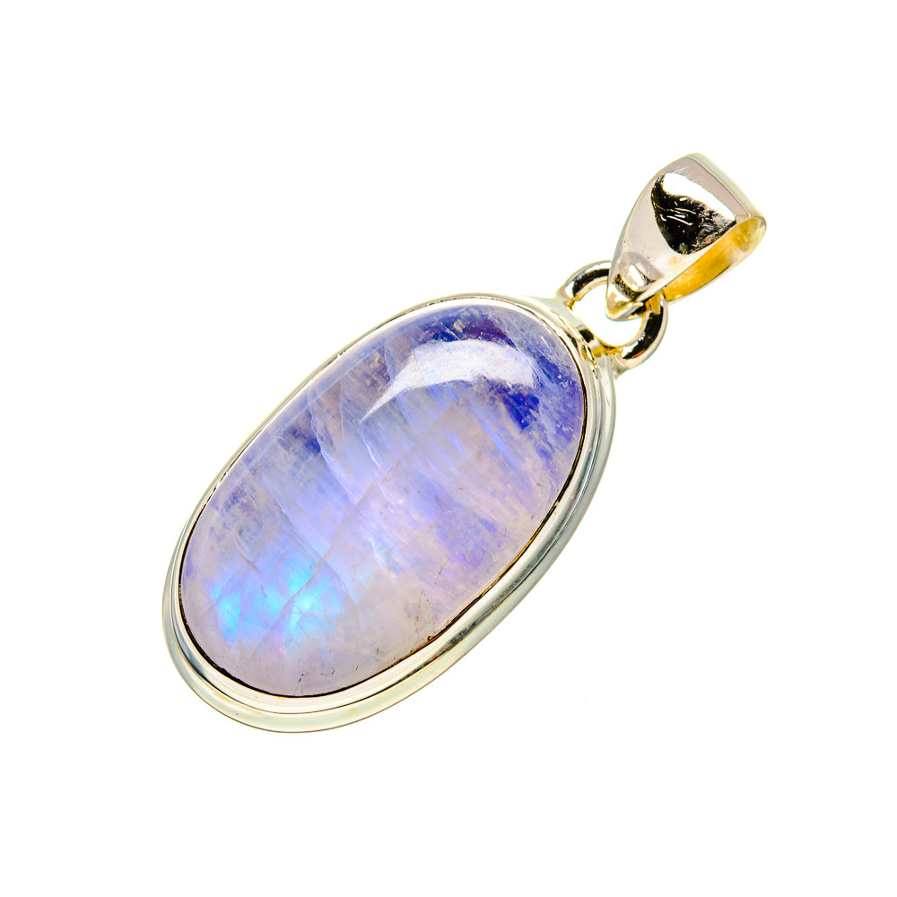Oval moonstone pendant with iridescent blue-white stone and metal bail, front view
