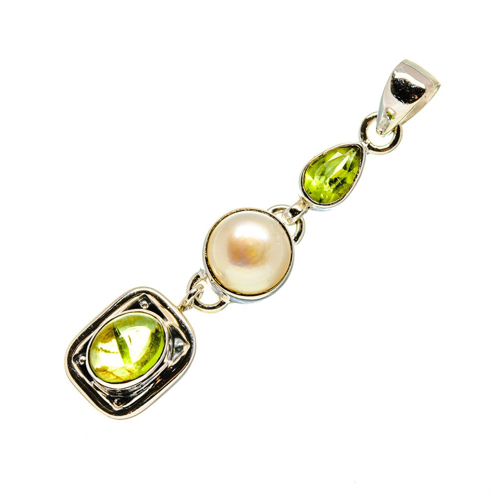 Sterling silver pendant with cultured pearl and green peridot, square frame accents
