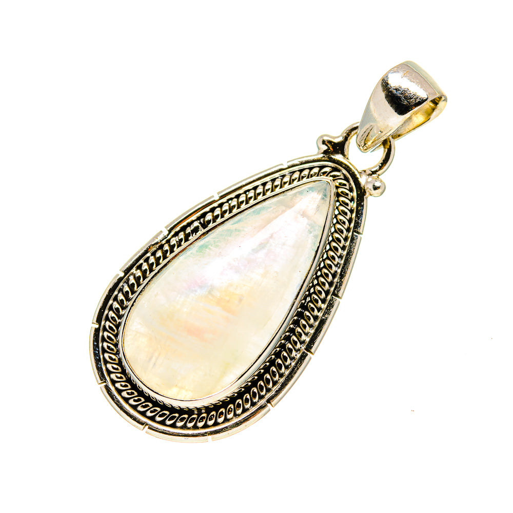 Sterling silver moonstone pendant with teardrop bezel and polished bail, opalescent oval stone