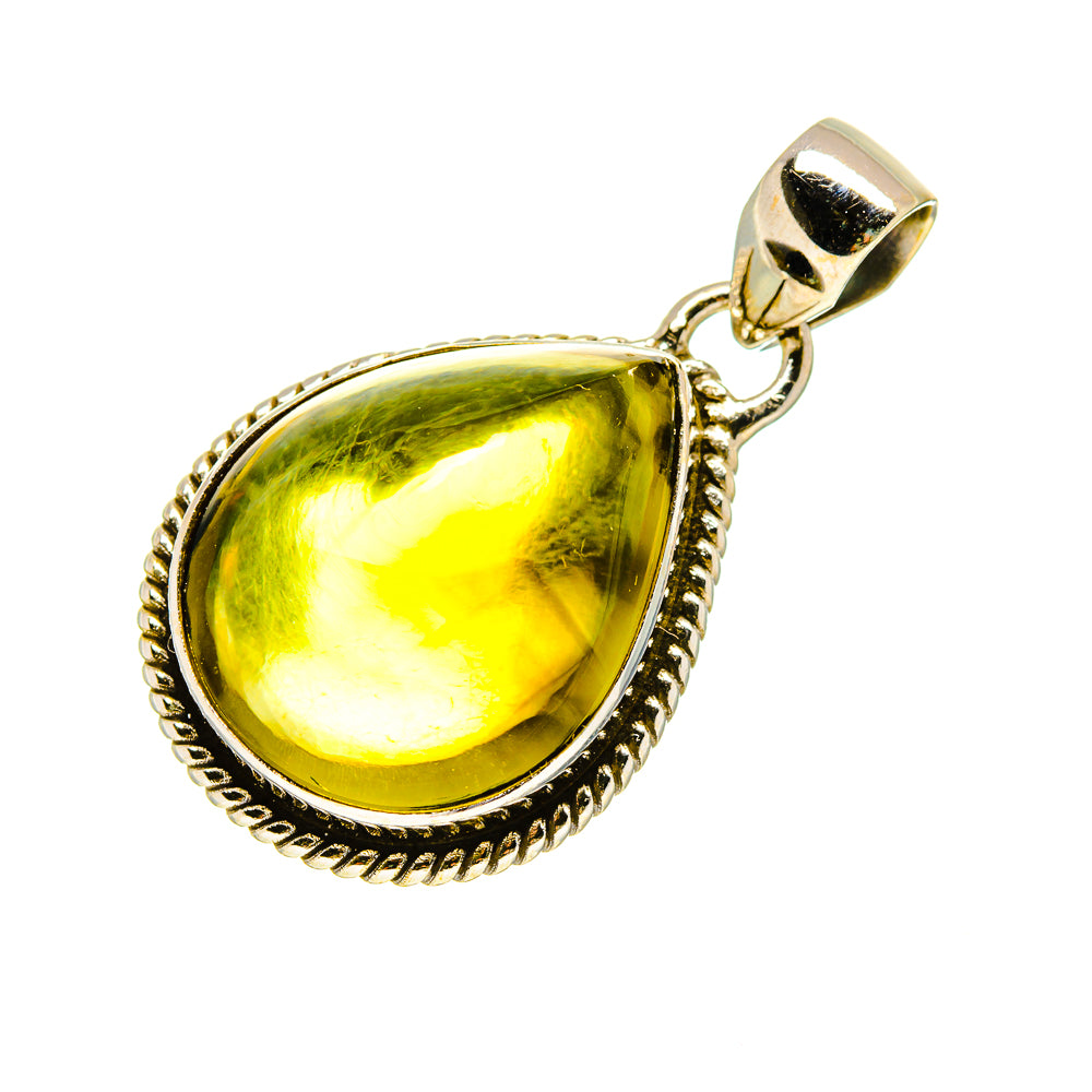Olive quartz teardrop pendant, 925 sterling silver bezel and textured bail.