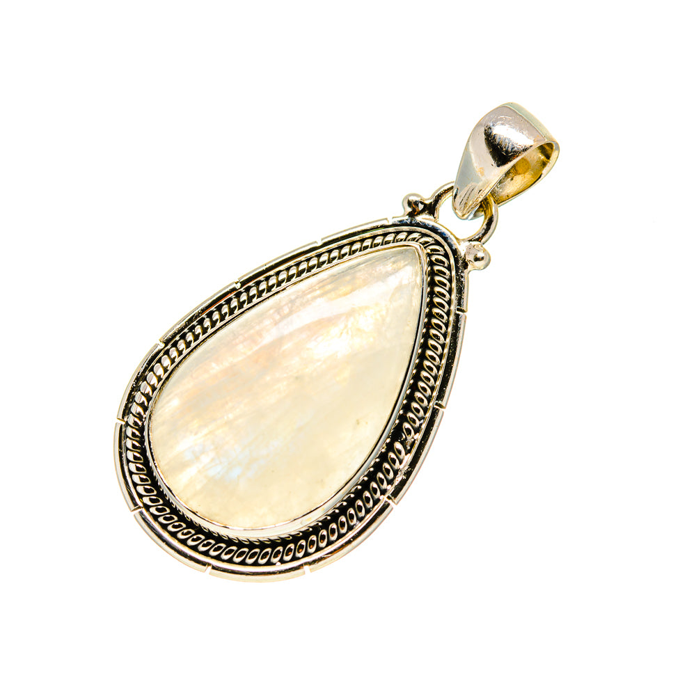 Sterling silver teardrop moonstone pendant with ornate bezel and bail