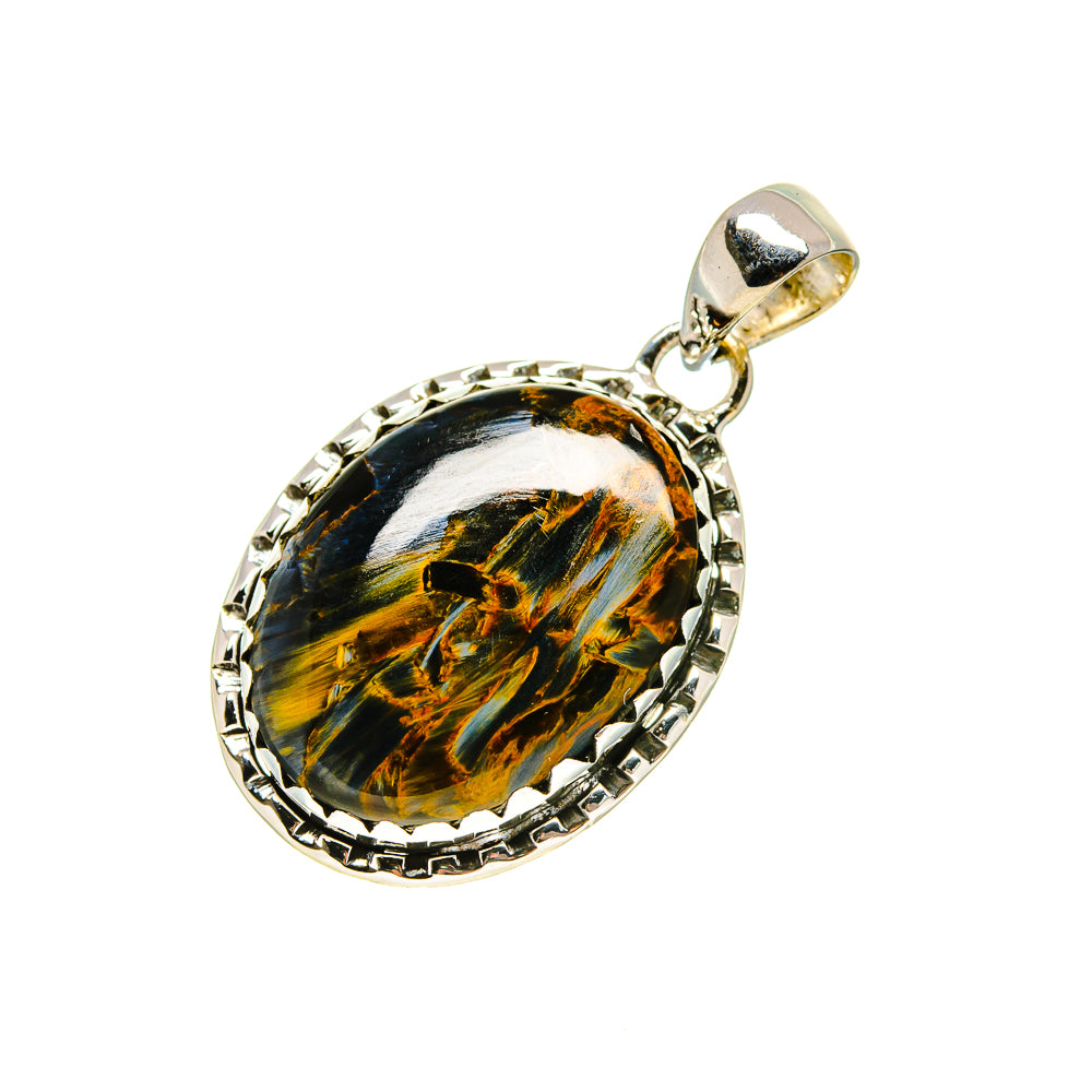 Oval sterling silver pietersite pendant with detailed bezel setting and gold-tone bail
