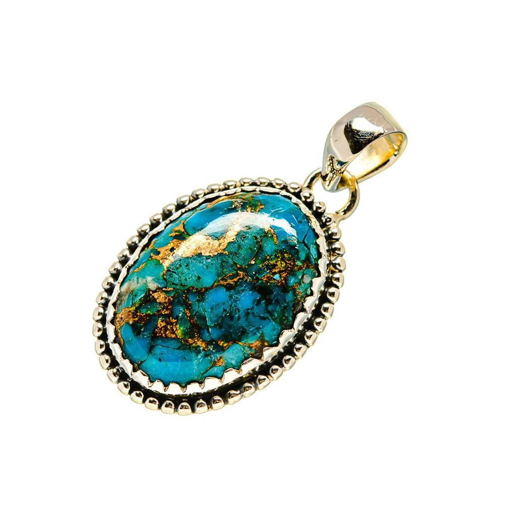 Oval turquoise pendant in beaded sterling silver frame with top loop bail.