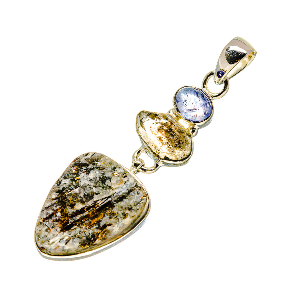 Silver gemstone pendant with large rough oval stone and two small round blue-lavender accents