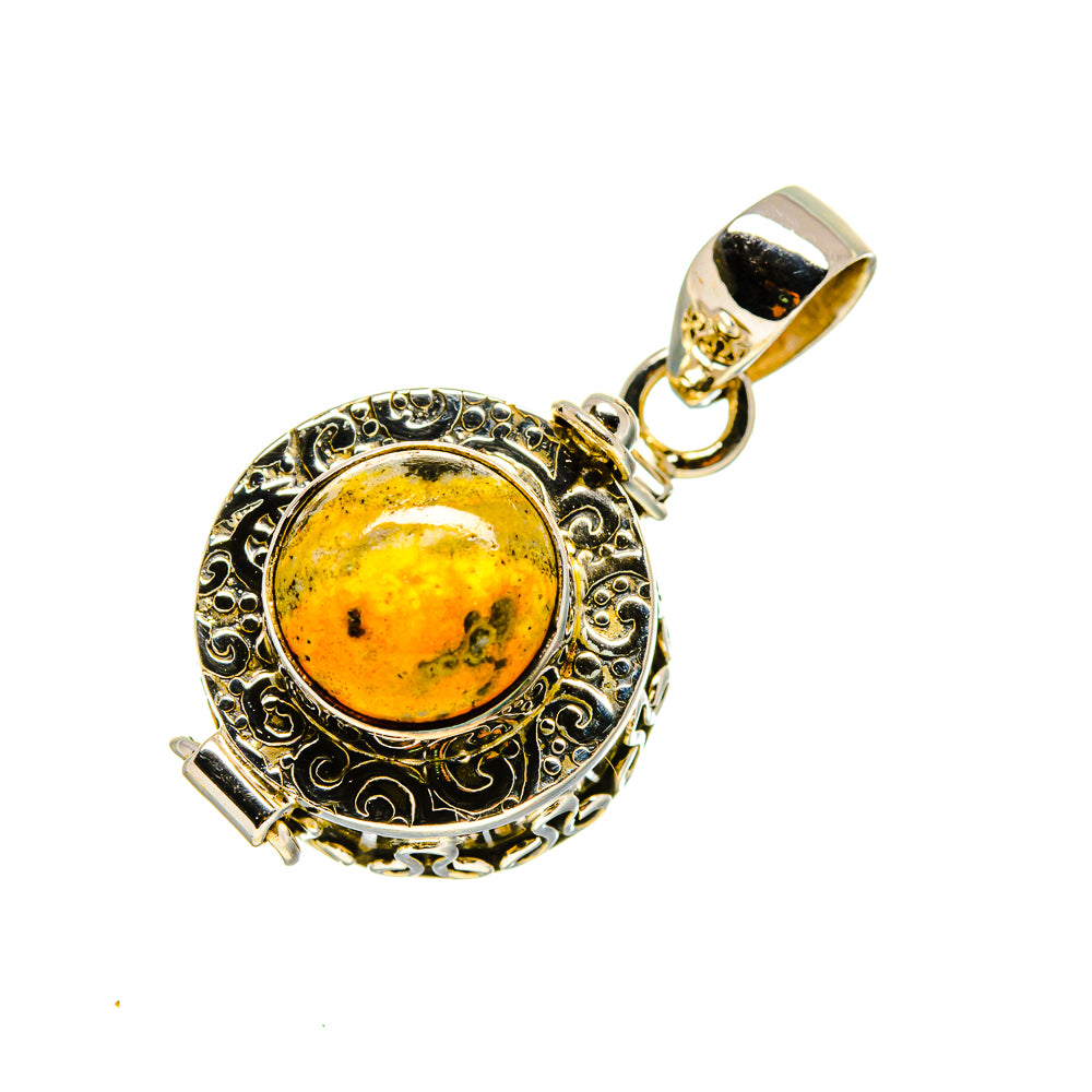 Round yellow jasper cabochon sterling silver pendant with engraved border and loop bail