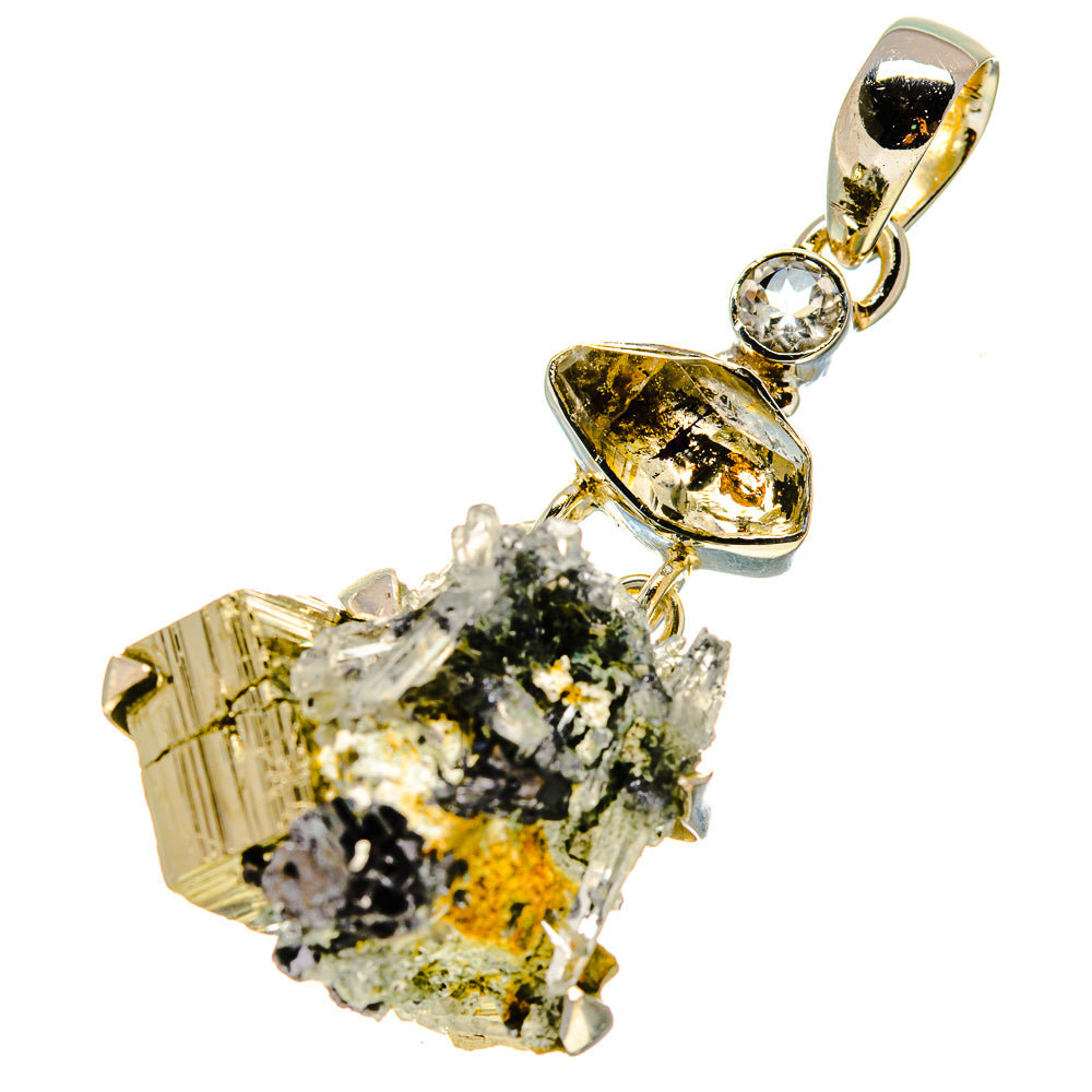 Sterling silver pendant with pyrite quartz crystal cluster, round clear accent, loop bail