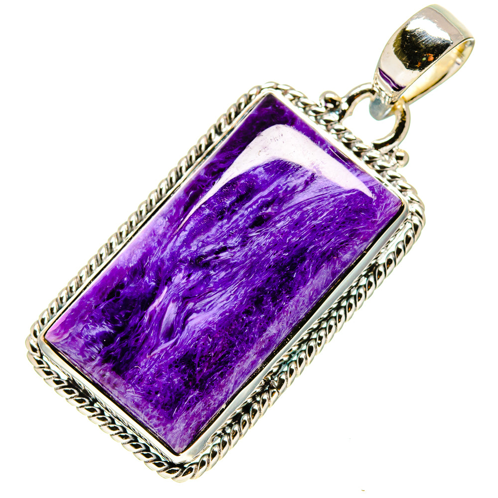 Rectangular purple charoite stone pendant with ornate rope silver border and bail