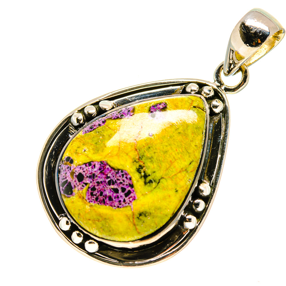 Sterling silver teardrop pendant with yellow and purple gemstone, open loop bail.