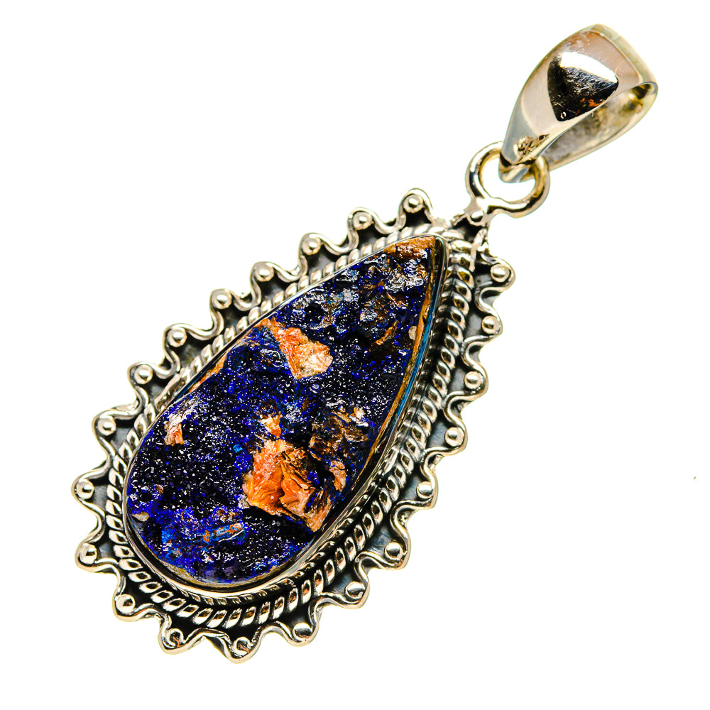 Rough azurite pendant in ornate 925 sterling silver setting, teardrop blue with orange.