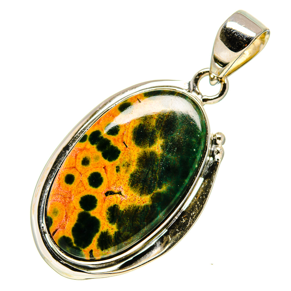 Oval ocean jasper pendant in 925 sterling silver, orange and dark green mottled cabochon