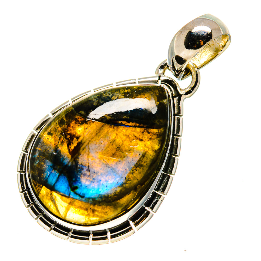Labradorite pendant with oval gemstone, sterling silver frame, blue and gold tones.