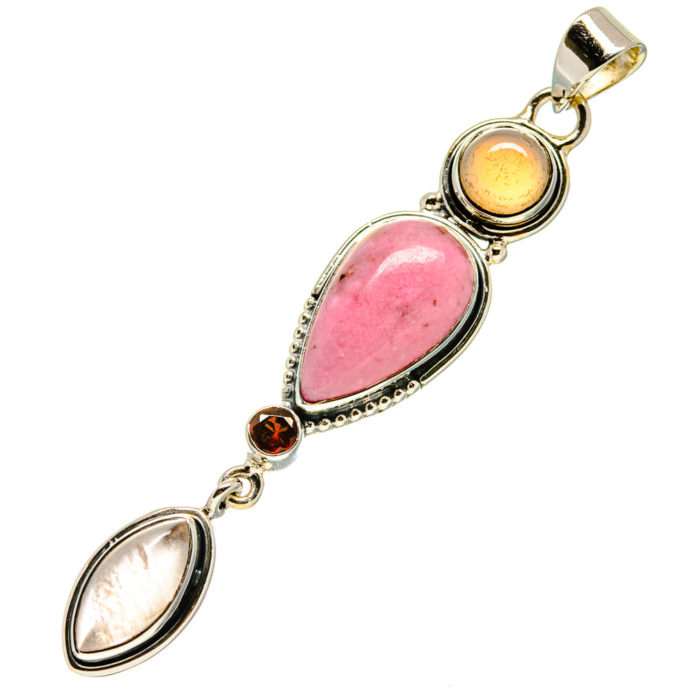 Sterling silver rhodonite and rose quartz pendant with pink oval center and two linked stones, bail
