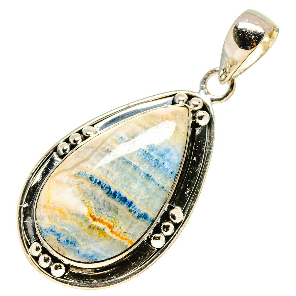 Blue scheelite teardrop pendant, 925 sterling silver bezel and side accents