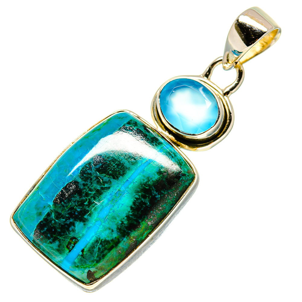 Sterling silver pendant with green chrysocolla rectangle and blue round chalcedony