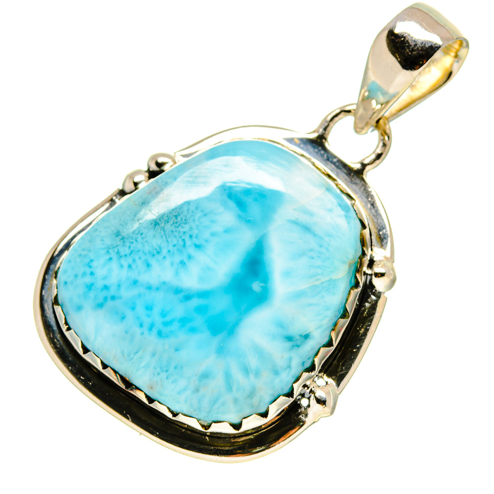 Oval larimar pendant in sterling silver with bail loop and scalloped frame