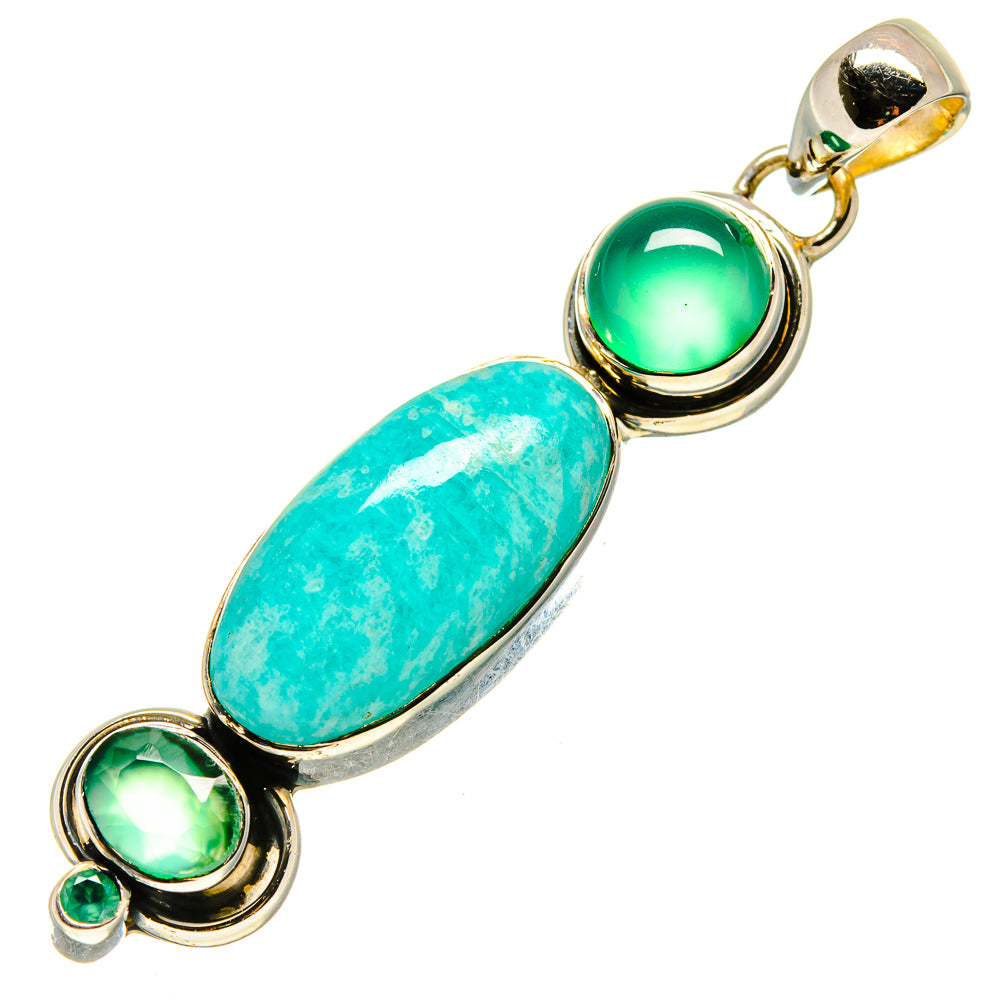 Green onyx and amazonite pendant with oval blue stone and three green cabochons, gold-tone bail
