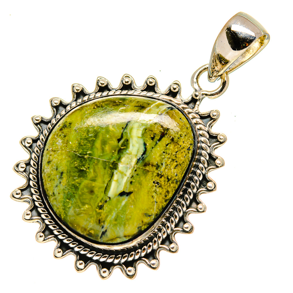 African green opal pendant with oval green stone cabochon, scalloped silver frame, bail