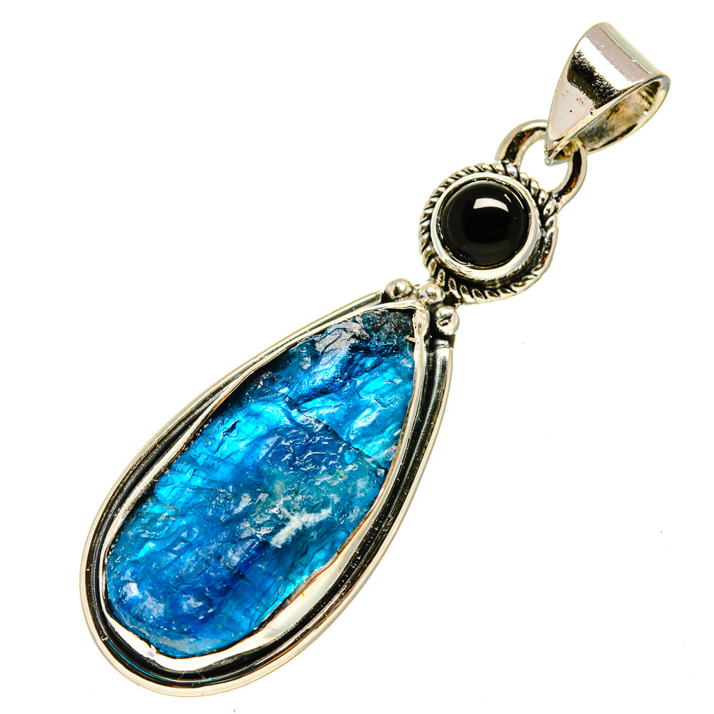 Sterling silver teardrop pendant with blue stone and black cabochon under bail