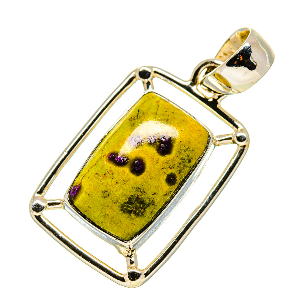 Sterling silver pendant with rectangular yellow amber cabochon and purple speckles