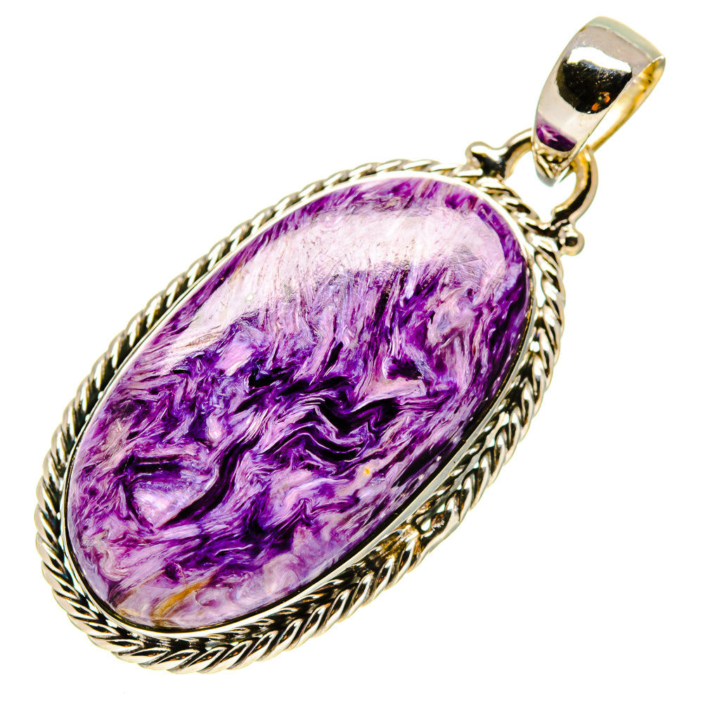 Charoite oval pendant in sterling silver rope frame with polished bail