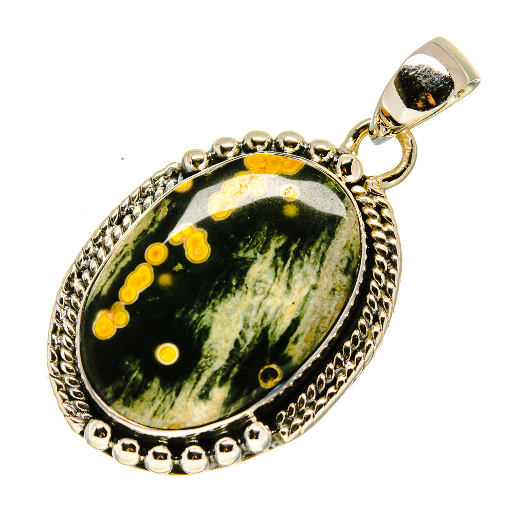 Ocean jasper pendant with oval stone, dark green and yellow design, sterling silver bail